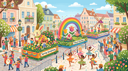 Colorful Spring Festival Parade with Flower Floats and Rainbow in European Town Square. © Saka