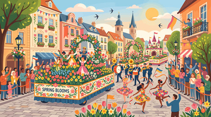 Colorful spring flower parade with decorative floats and people celebrating in a European town square. © Saka