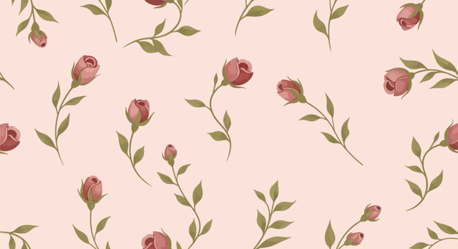 Vintage rosebud and leaf seamless pattern on soft pink