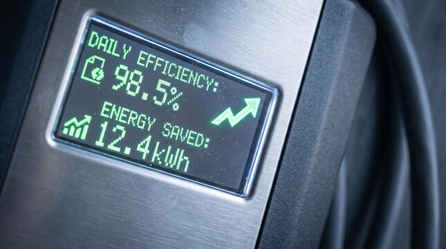 Close-up of an electronic display showing energy efficiency data, highlighting daily efficiency at 98.5% and energy saved at 12.4 kWh, symbolizing technological advancement in power conservation.