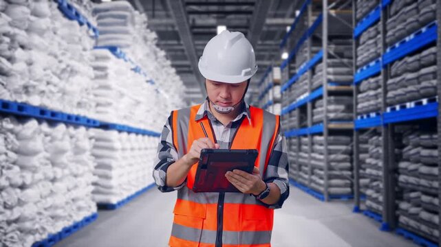 Asian Male Engineer With Safety Helmet Taking Note On The Tablet And Looking Around While Standing at Warehouse Storage with Stacked White Sacks