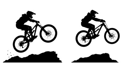 Obraz premium Downhill Mountain Biking Silhouettes: Dynamic silhouettes of two downhill mountain bikers in action, captured mid-air over rugged terrain, showcasing speed and adventure.