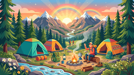 Colorful camping site in mountain valley with tents and campfire at sunset. © Vuny