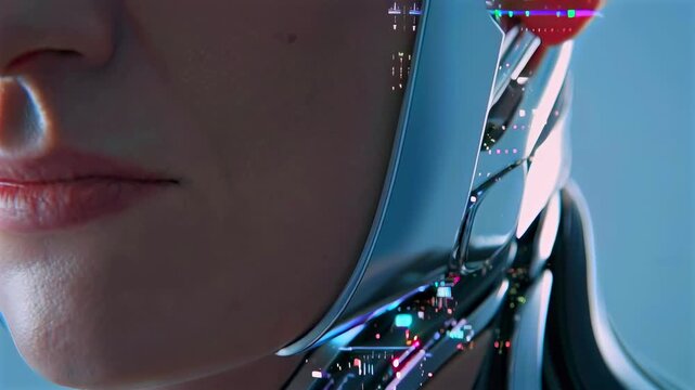 closeup of android neck and jaw with polished chrome plating and visible microcircuit paths, subtle lip and skinlike texture meet metallic panels, soft studio lighting highlights intricate