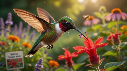 Fototapeta premium A vibrant ruby throated hummingbird pauses in flight to collect nectar from a bright red blossom inside a sunny garden filled with blooming flowers and a small plant tag near the lively foliage s