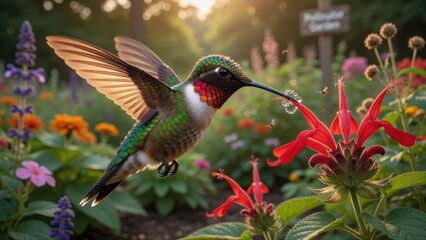 Fototapeta premium A male ruby throated hummingbird hovers near a scarlet salvia blossom while light from the setting sun illuminates its iridescent feathers and wings within a vibrant summer pollinator garden land
