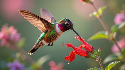 Fototapeta premium A vibrant hummingbird hovers in flight while gathering sweet nectar from a brilliant red salvia flower during a sunny spring day in a lush garden filled with green foliage and soft blooming petal