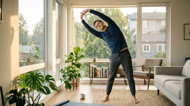 A man in a blue shirt and gray pants is performing a side stretch in a living room with a large window, surrounded by plants and a couch.