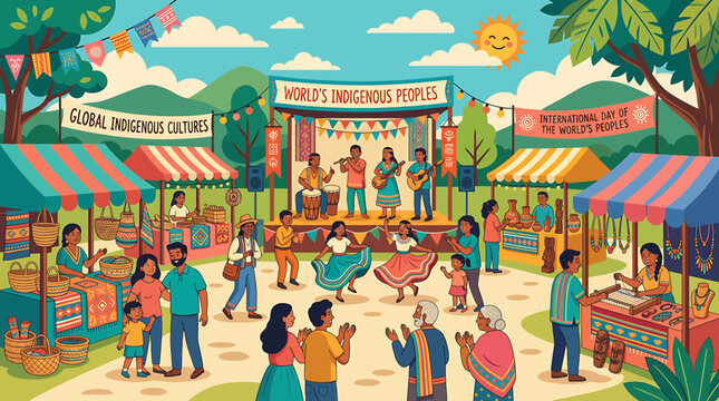Colorful illustration of a vibrant global indigenous cultures festival with music and market stalls.