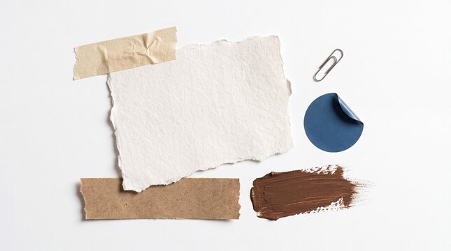 Torn paper pieces and tape with office supplies