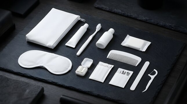 white hotel amenity kit on black slate tray for travel hygiene toiletries tourism luxury hospitality supply essentials
