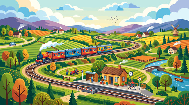 Colorful illustration of a vintage steam train traveling through a scenic rural countryside landscape with mountains and fields.