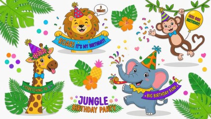 Obraz premium Joyful cartoon safari animals celebrating a tropical jungle birthday party with colorful banners confetti balloons and festive decorations for children gatherings and fun themed creative graphic