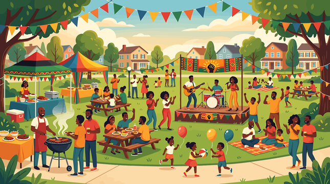 Community Juneteenth Celebration with Live Music Barbecue and Family Gathering in a Sunny Neighborhood Park.