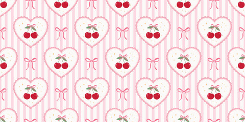 Fototapeta na wymiar Cute cherry seamless pattern. Pink coquette heart with bows on a striped background for girlish fabric and wrapping.