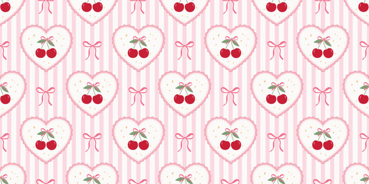 Cute cherry seamless pattern. Pink coquette heart with bows on a striped background for girlish fabric and wrapping.