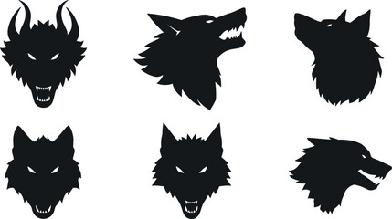 Dark Black Wolf Head Silhouette Vector Set with Various Fierce and Growling Expressions for Mascot Logo and Tattoo Design © MDEsmayil