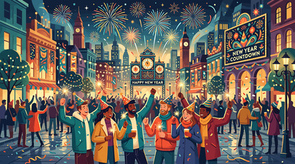 Crowd of people celebrating New Year Eve with fireworks in a vibrant city square. © Saka
