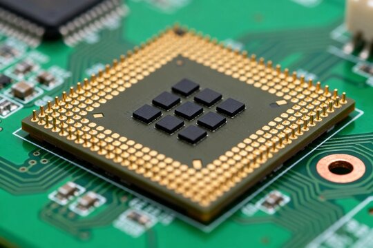 CPU Processor on Green Circuit Board Close-Up