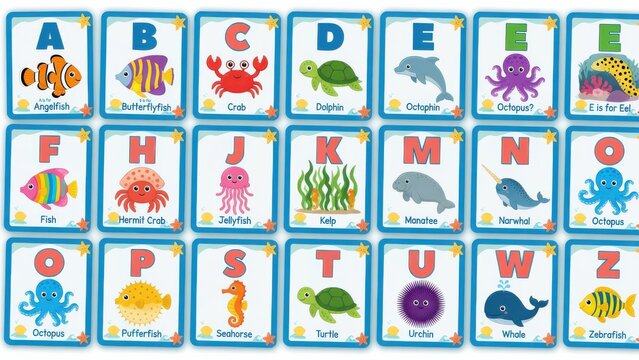 Educational flashcards feature diverse marine life creatures paired with alphabet letters to help young children learn about various ocean animals while developing essential reading and literacy