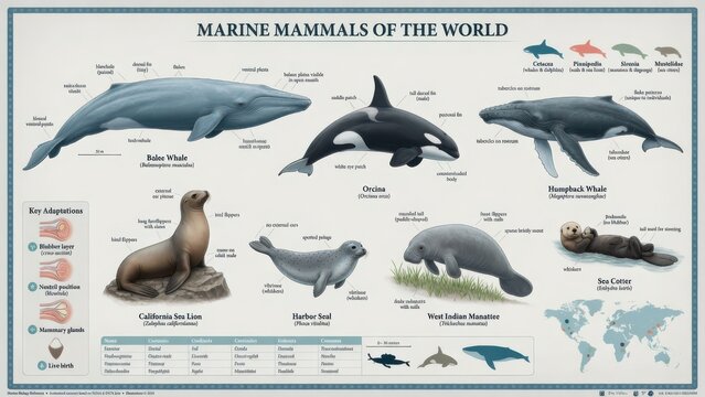 Educational poster displays diverse species of aquatic giants including whales and seals with descriptive scientific taxonomy for students learning about natural history developments within
