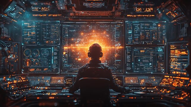 Person wearing headphones in a futuristic control room with multiple screens displaying data and complex graphics
