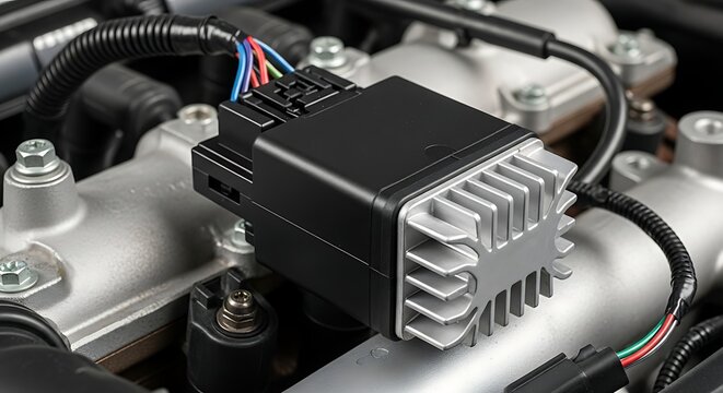Automotive electronic control unit module installed inside a modern car engine bay.