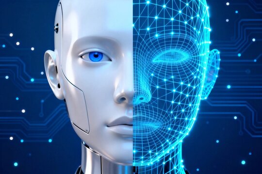 Half Human Half AI Robot Face on Digital Network Background