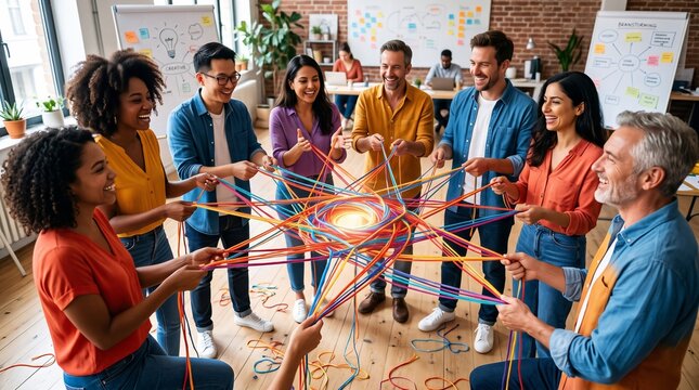 Diverse group of business professionals holding colorful strings to symbolize connection and teamwork in a modern office.