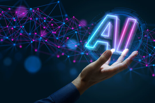 AI powered automated data processing system connected to network. Abstract image of AI integration for data analytics. Businessman holding AI icon.