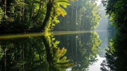 Fototapeta premium Lush Tropical Rainforest Reflection in Still Water