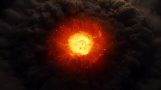 Massive dark smoke dome illuminated by fiery explosion core.