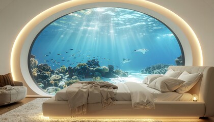 Fototapeta premium Luxurious modern underwater bedroom featuring a plush bed facing a spectacular large round observation window with a vibrant coral reef, fish, and manta rays