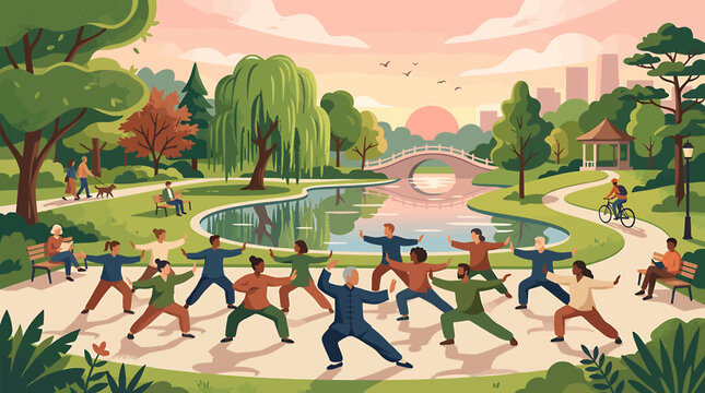 Group of diverse people practicing tai chi in a beautiful public city park during sunset.