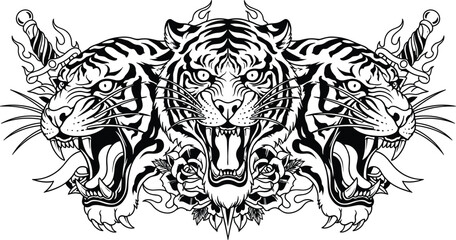 Three Tiger Heads Traditional Tattoo Design with Roaring Faces, Daggers, and Roses in Detailed Line Art for T-Shirt and Apparel Prints © MstJuli
