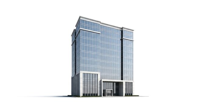 A computer-generated image of a sleek, modern office building with a glass fa?ade