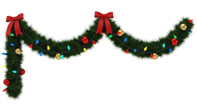 A green Christmas garland with colorful lights and red bows on a white background