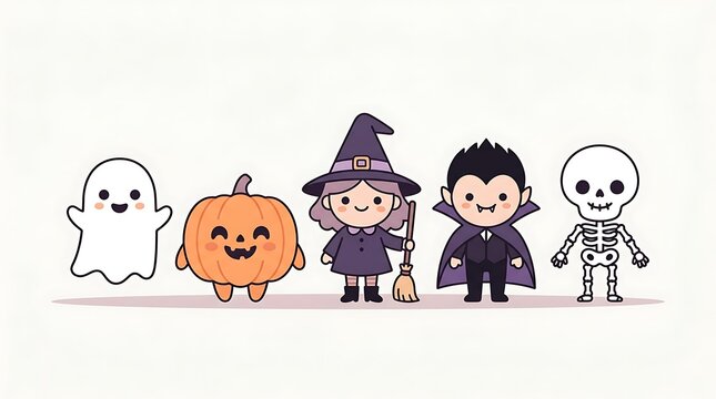 Adorable cartoon Halloween characters including ghost, pumpkin, witch, vampire, and skeleton in a festive and playful scene
