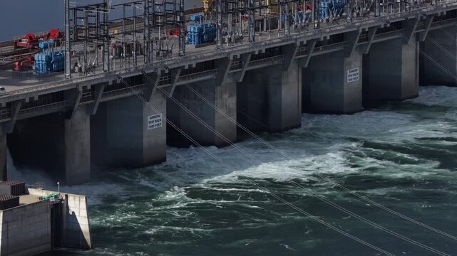 Aerial close up of dam and bridge on Columbia River in Azwell Washington with multiple concrete piers and industrial machinery