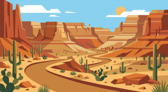 A winding desert road snakes through a vast canyon landscape with cacti and sand under a sunny blue sky.