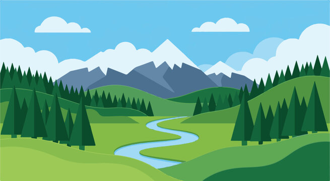 A serene landscape of rolling hills, trees, and a river flowing towards snow-capped mountains under a blue sky with clouds.