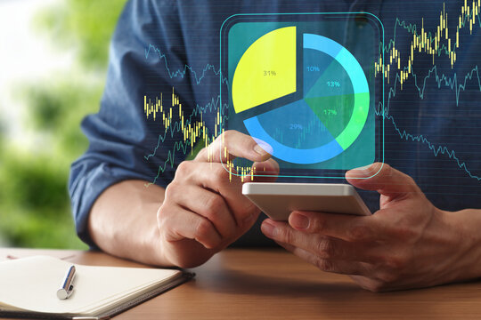Investment portfolio rebalancing and asset allocation strategy. Retail investor using smartphone at table. Pie chart and market price graphs.