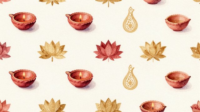 Diwali seamless pattern with diyas, paisley and lotus in gold and red, watercolor illustration