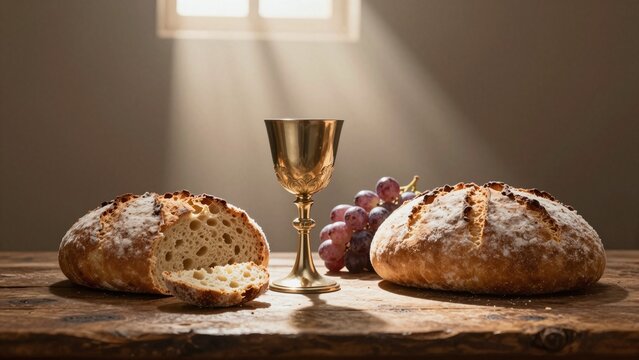 Communion bread, wine chalice and grapes in warm holy light
