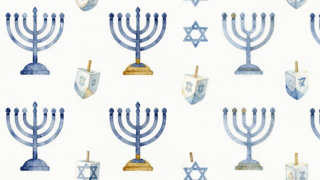 Hanukkah seamless pattern with menorahs and dreidels in blue and gold, watercolor illustration