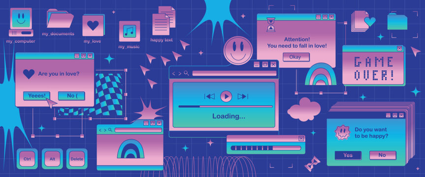 Retro computer user interface design elements set featuring vaporwave pop up windows, error alerts, media player loading bars, old school desktop folder icons isolated on blue grid background.