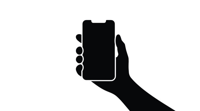 Hand holding modern smartphone device silhouette icon isolated on transparent background mobile phone usage digital technology communication theme.