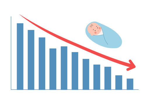Newborn baby with descending chart. Birth rate decreasing concept. Vector Illustration