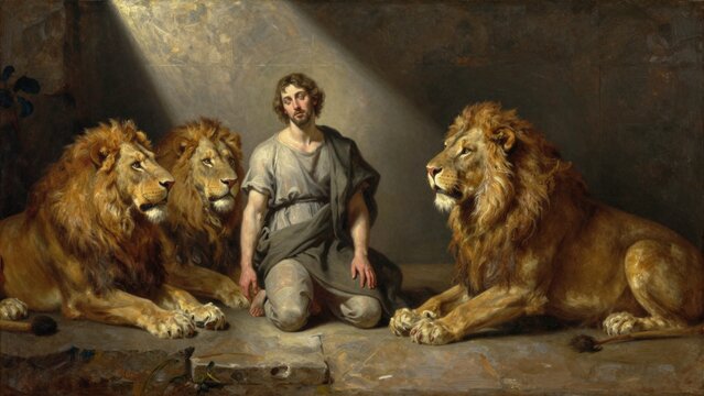 Daniel in the lions den under a beam of heavenly light, classical painting style