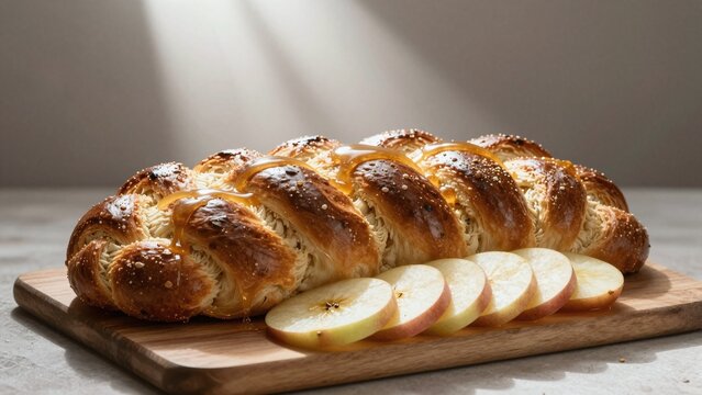 Round challah bread with honey and apples